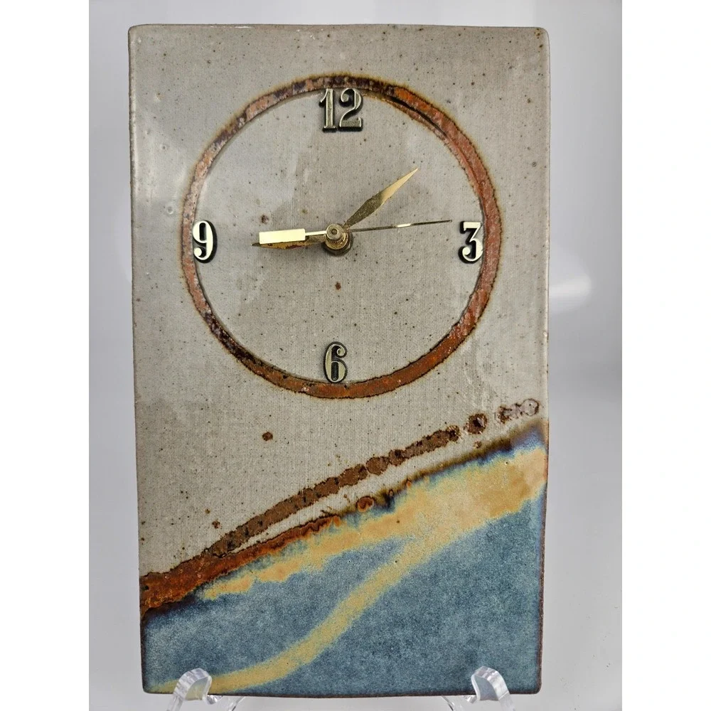 Signed Lauer Studio Pottery Wall Clock Ceramic Slab Art Clock‎ TESTED